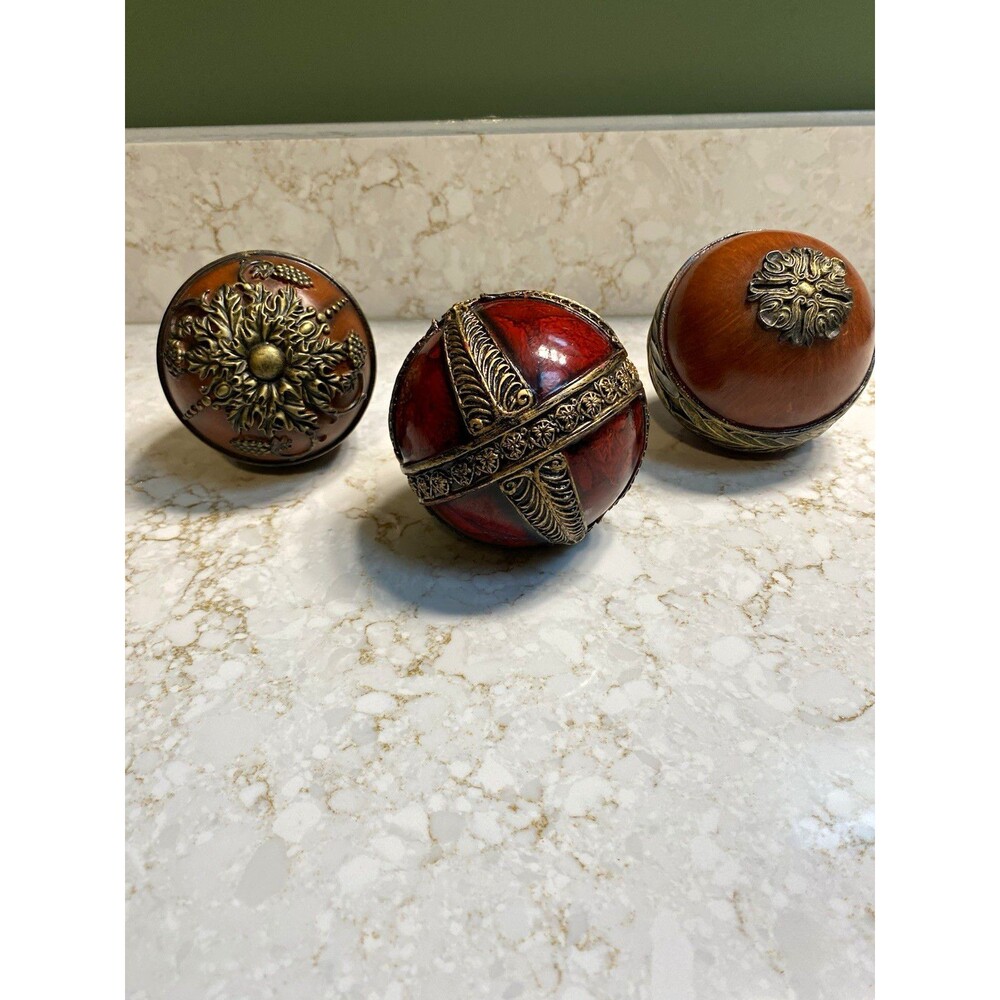 Ornate Bronze & Red Decorative Orbs Spheres Bowl Fillers (Set of 3)